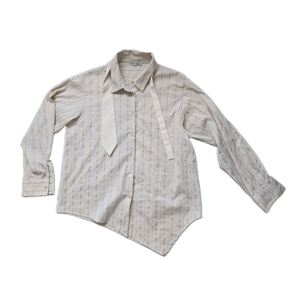My Little Banana Cream Striped Tie Neck Button Down Blouse Asymmetrical Hem S